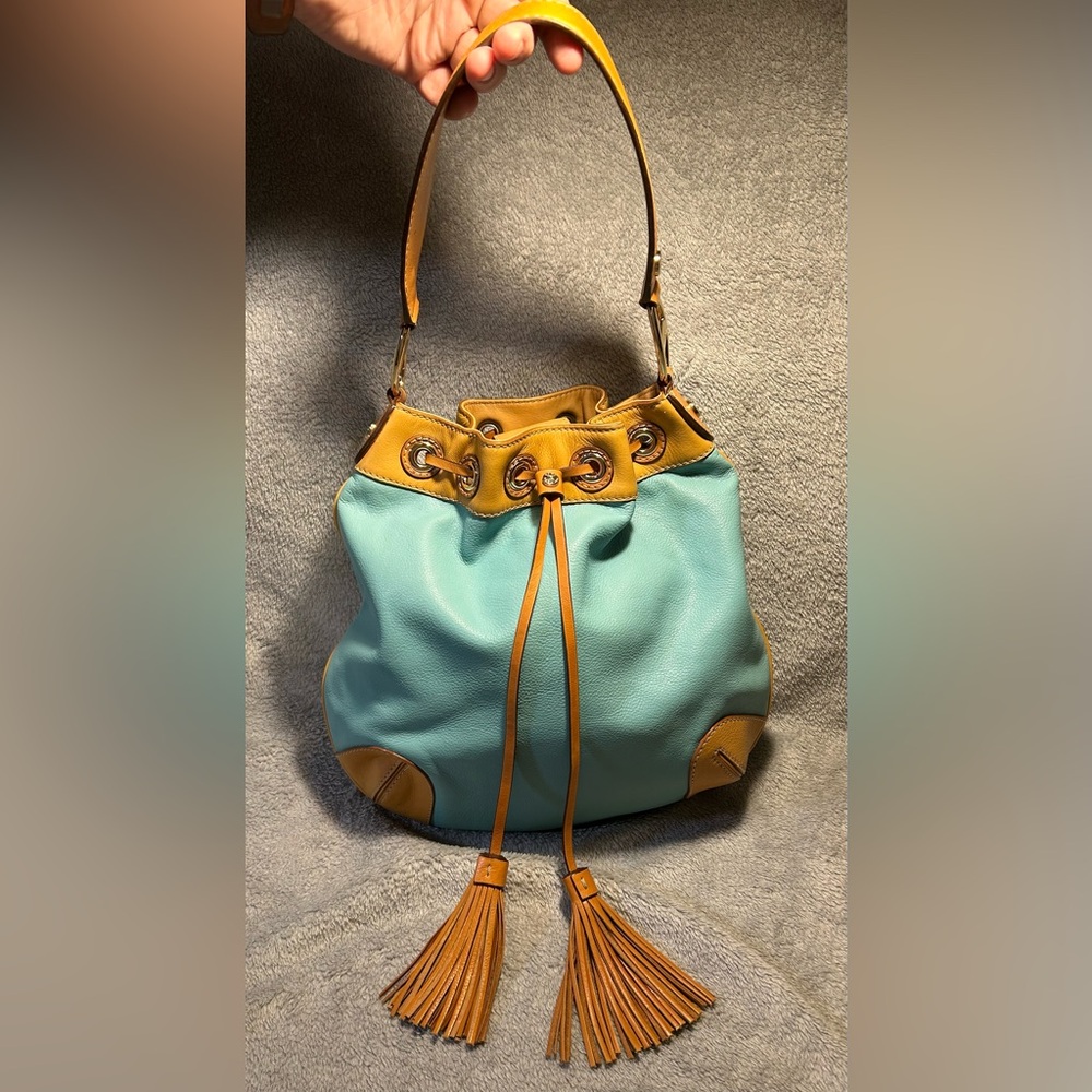 Michael Kors Griffin Drawstring Hobo Turquoise & Tan Leather - Picture 4 of 10